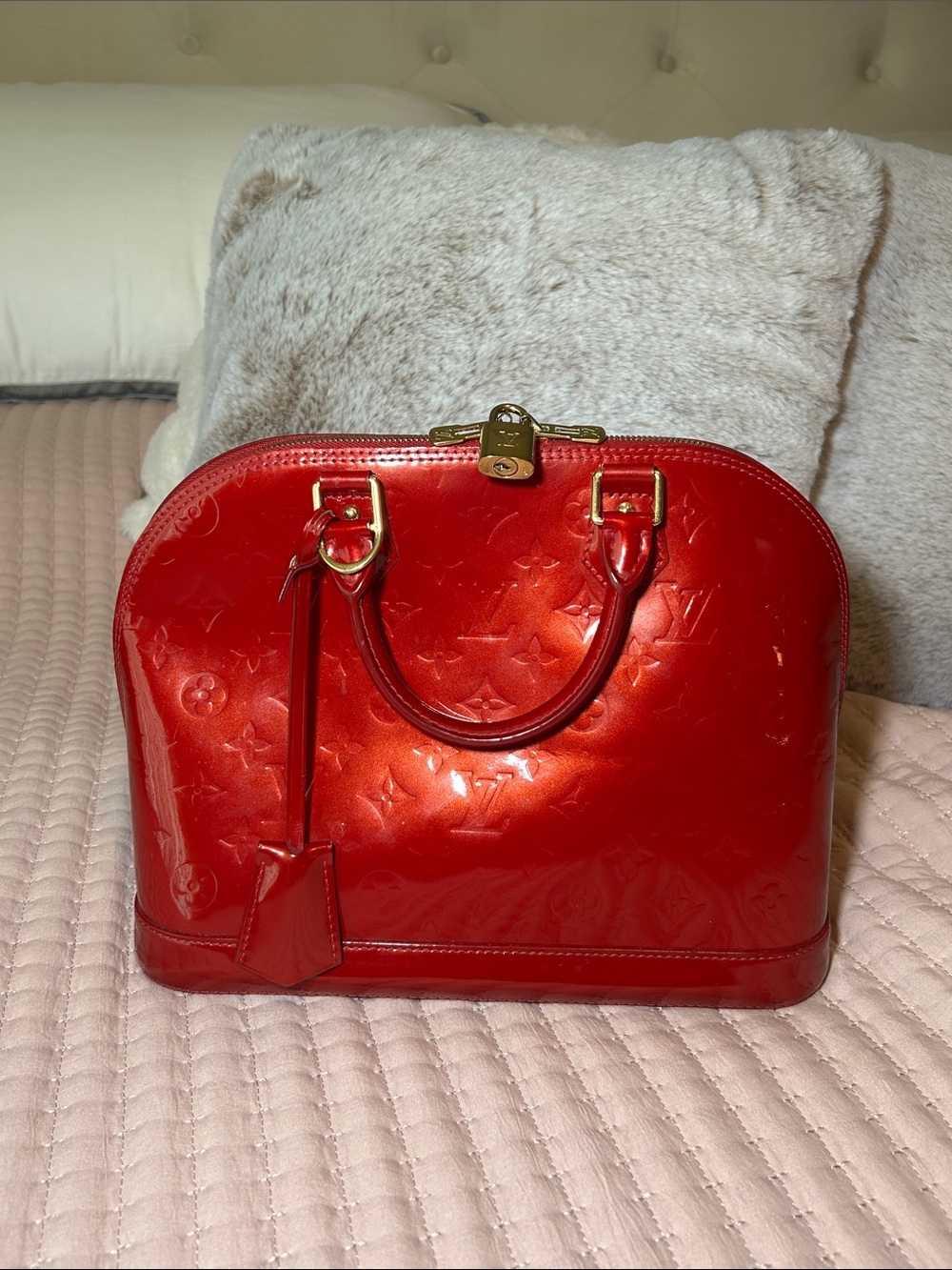 359. Louis Vuitton Red Monogramed Vernis leather Alma